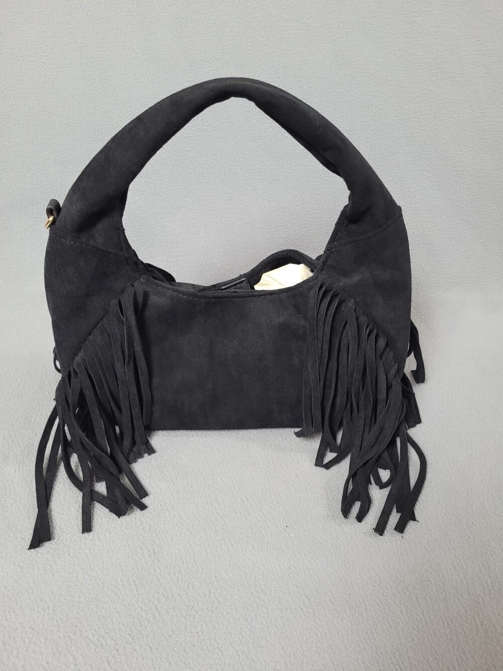 Universal Thread Soft Fringe Crescent Handbag Black Faux Suede Western